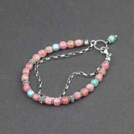 Srebrna bransoletka z kamieni rodonitu i turkusu